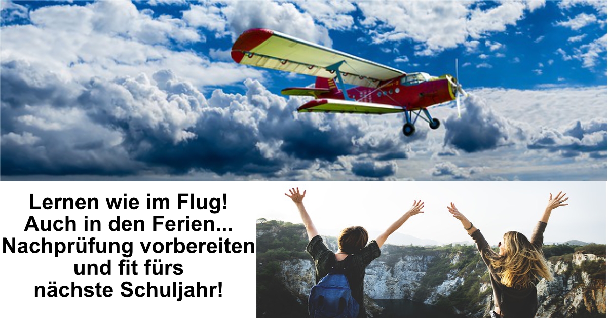 Flugzeug fliegt von links nach rechts an weiß-blauen Himmel. Schüler jubeln. Lernen wie im Flug!